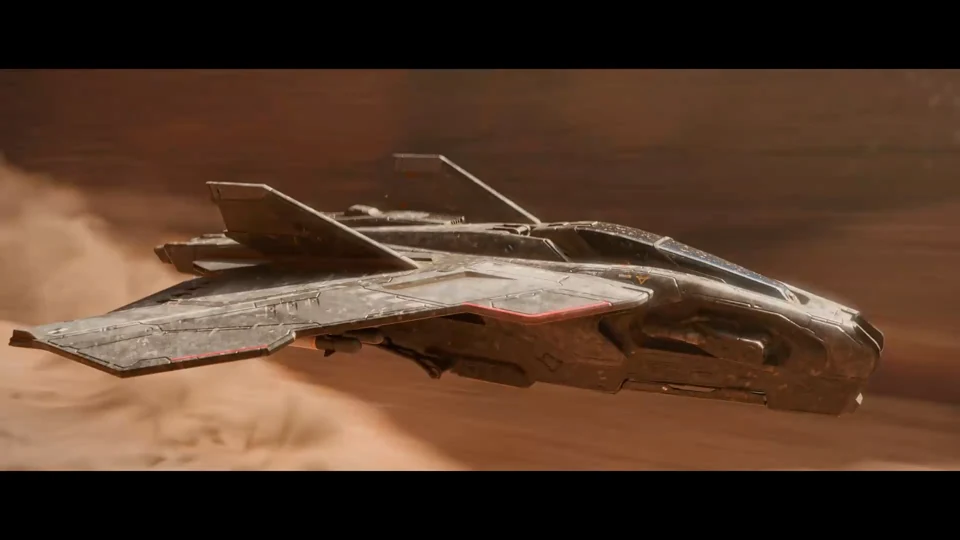 A futuristic aircraft crossing a dusty desert in Desert Wraith.